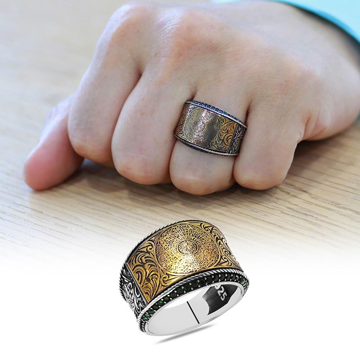 Yeşil Zirkon Taşlı Hüsn-i Hat "İnşirah Suresi" Yazılı 925 Ayar Gümüş Erkek Yüzük