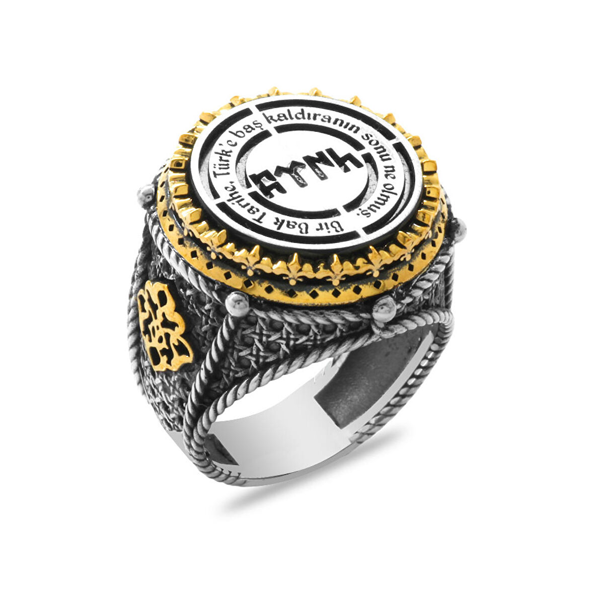Siyah Oniks Taşlı Göktürkçe "TÜRK" Yazılı Özel Tasarım 925 Ayar Gümüş Erkek Yüzük