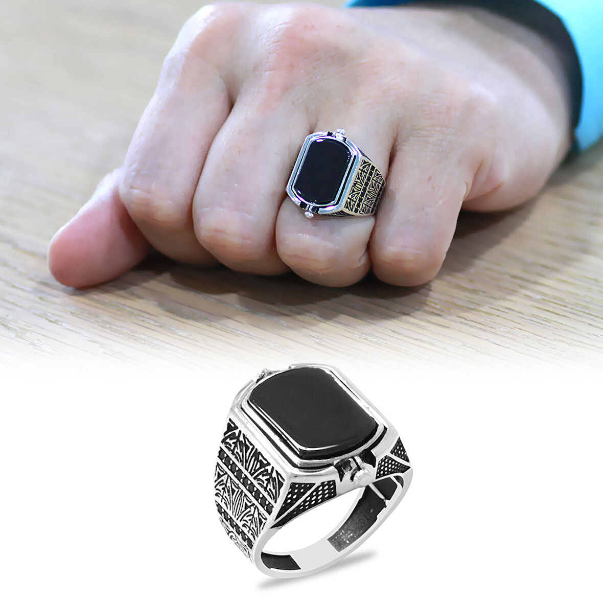 Siyah Oniks Taşlı Çift Taraflı Kişiye Özel İsim Harf Yazılı 925 Ayar Gümüş Erkek Yüzük