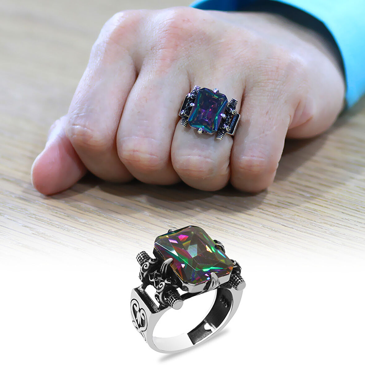 Baget Kesim Mistik Topaz Taşlı 925 Ayar Gümüş Erkek Yüzük