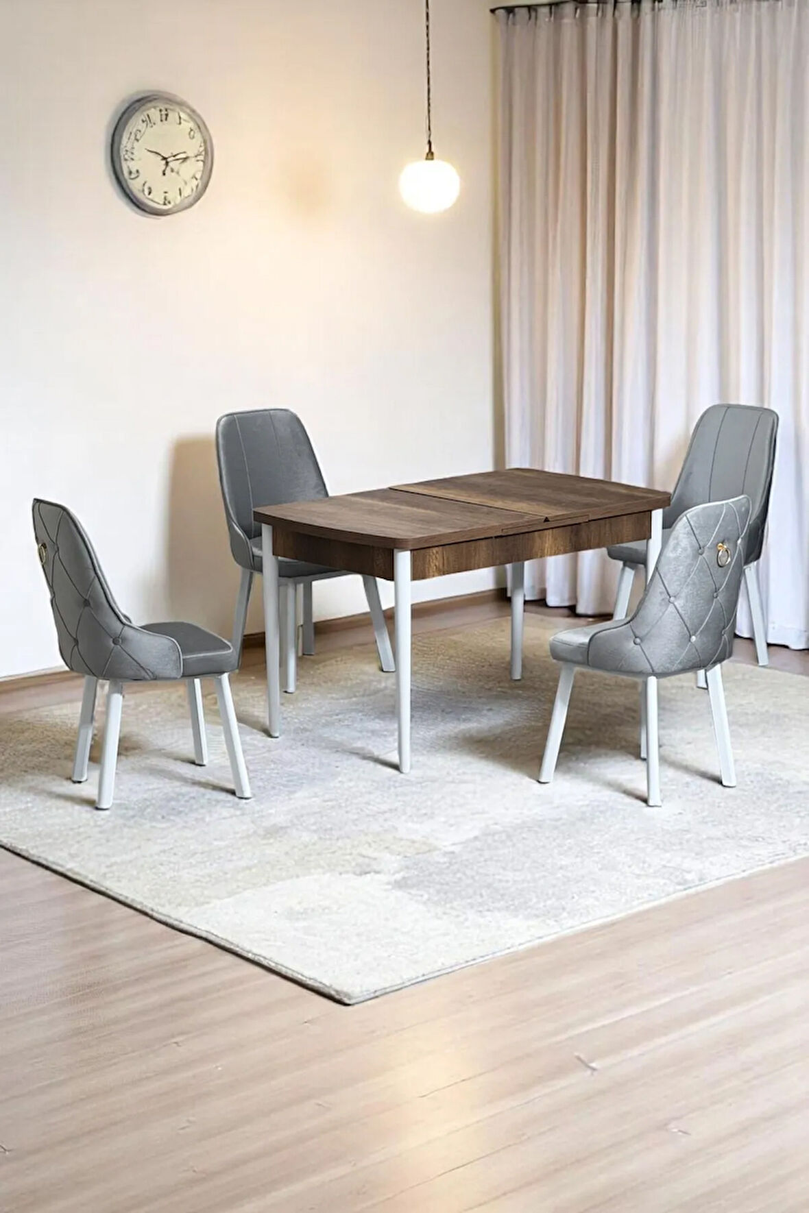 Monera Ceviz 80 x 132 Açılabilen Sunta Masa Metal Ayaklı Mutfak Masası Takımı 4 Gri Sandalye