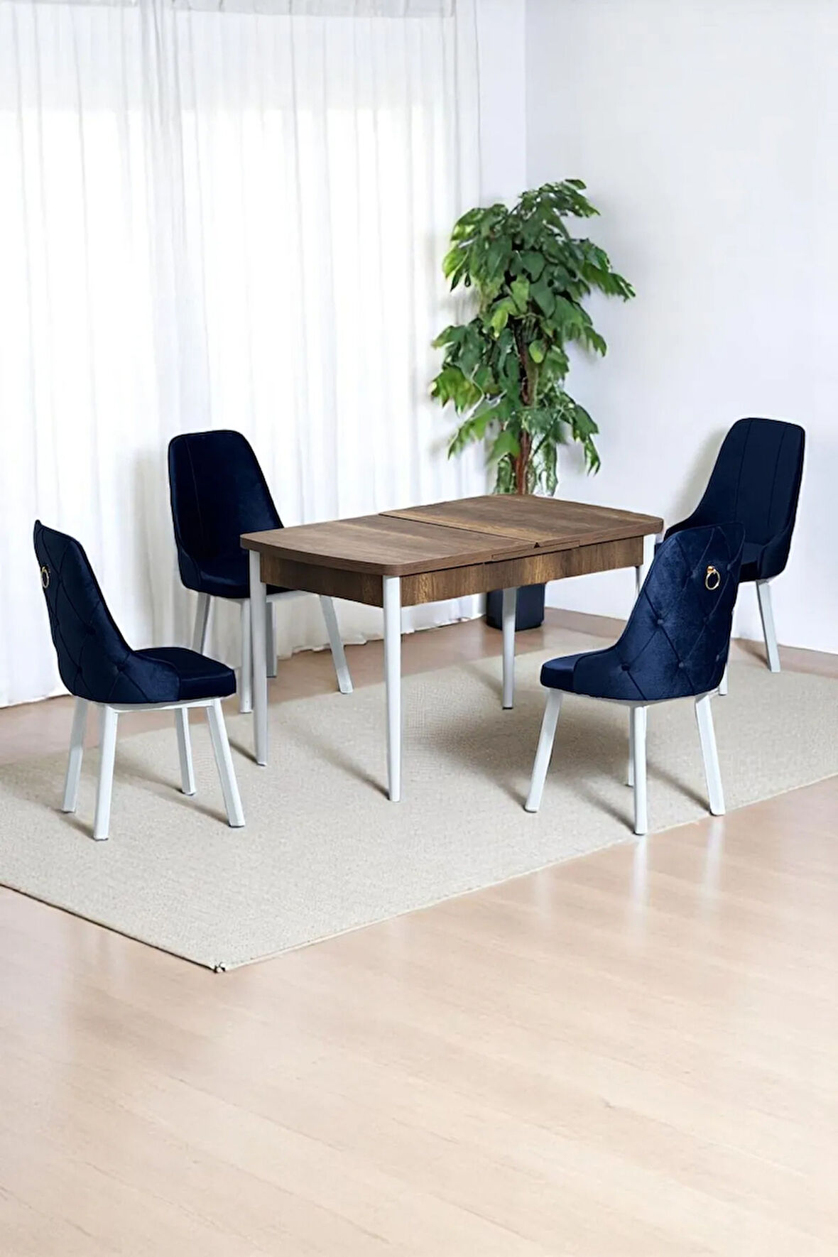 Monera Ceviz 80 x 132 Açılabilen Sunta Masa Metal Ayaklı Mutfak Masası Takımı 4 Lacivert Sandalye