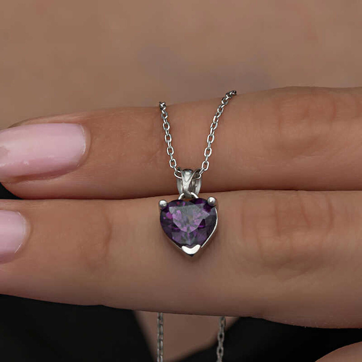 himarry 925 Ayar Gümüş Mor Taşlı Kalpli Kadın Kolye