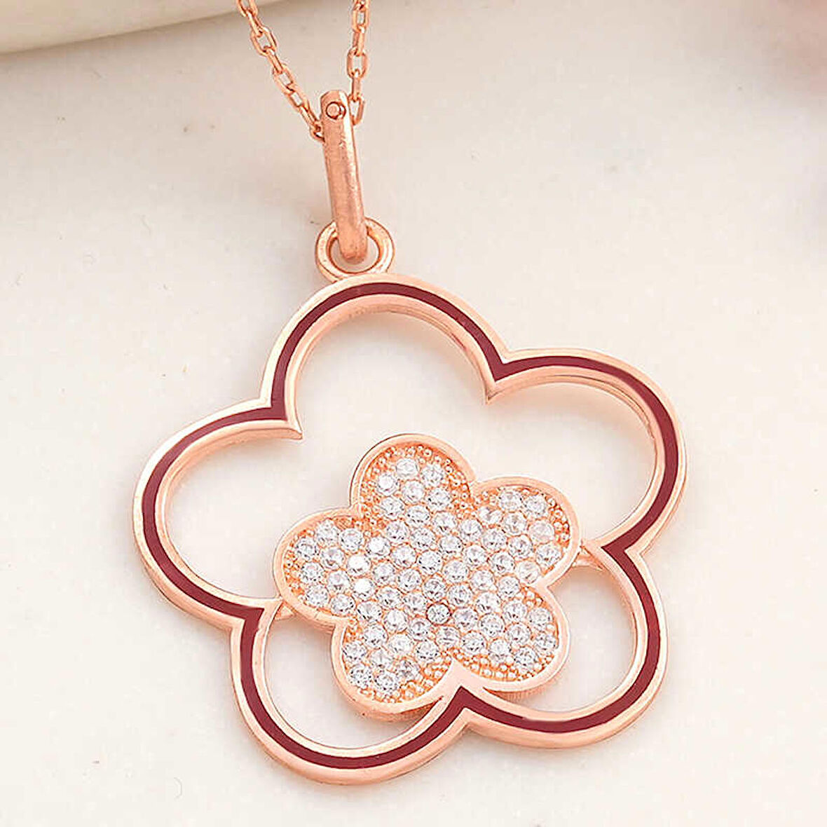 himarry 925 Ayar ​Gümüş Rose Çiçek Desenli Kadın Kolye