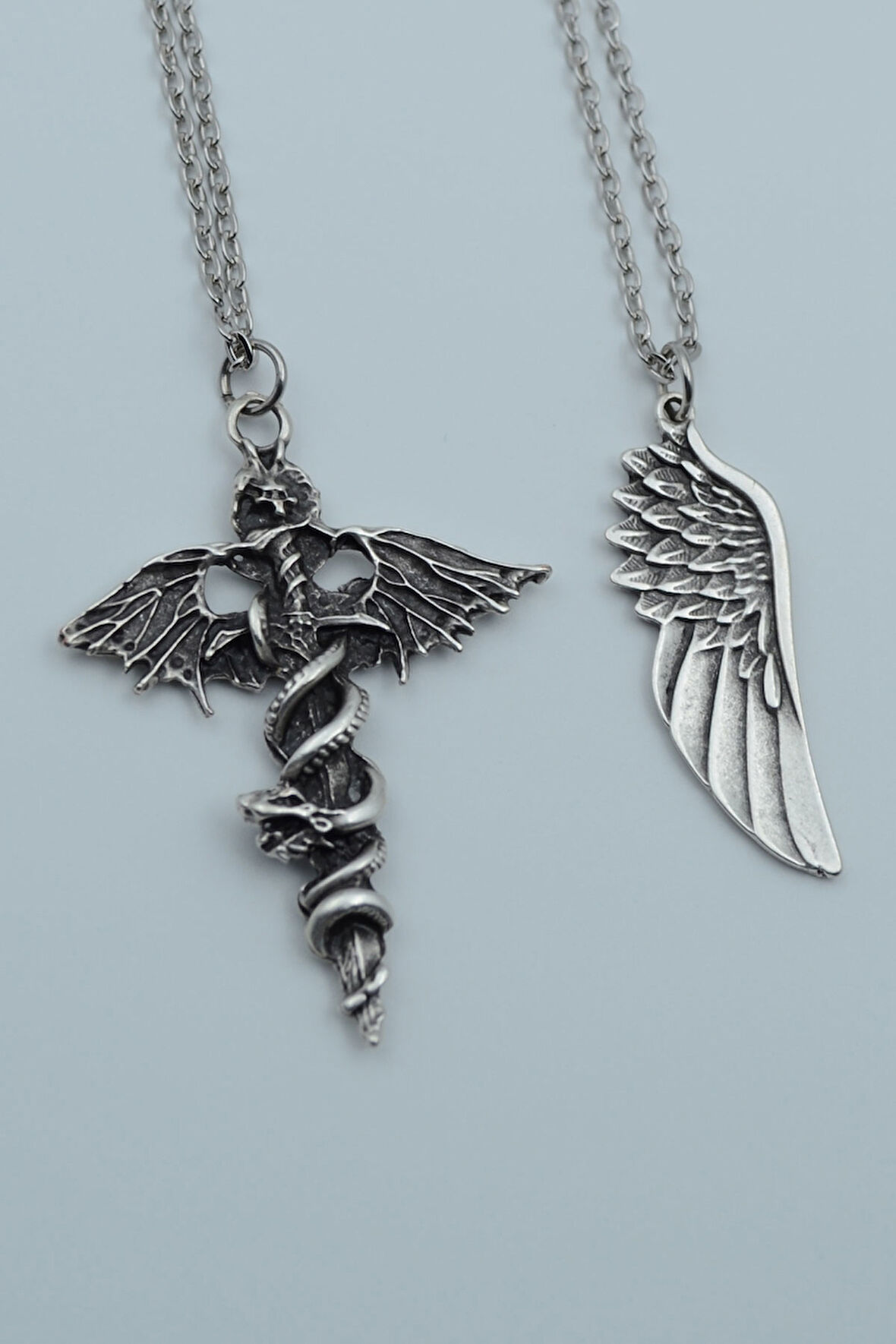 2'li Kılıç Yarasa Yılan Büyük Kanat Gümüş Kaplama Kolye Seti