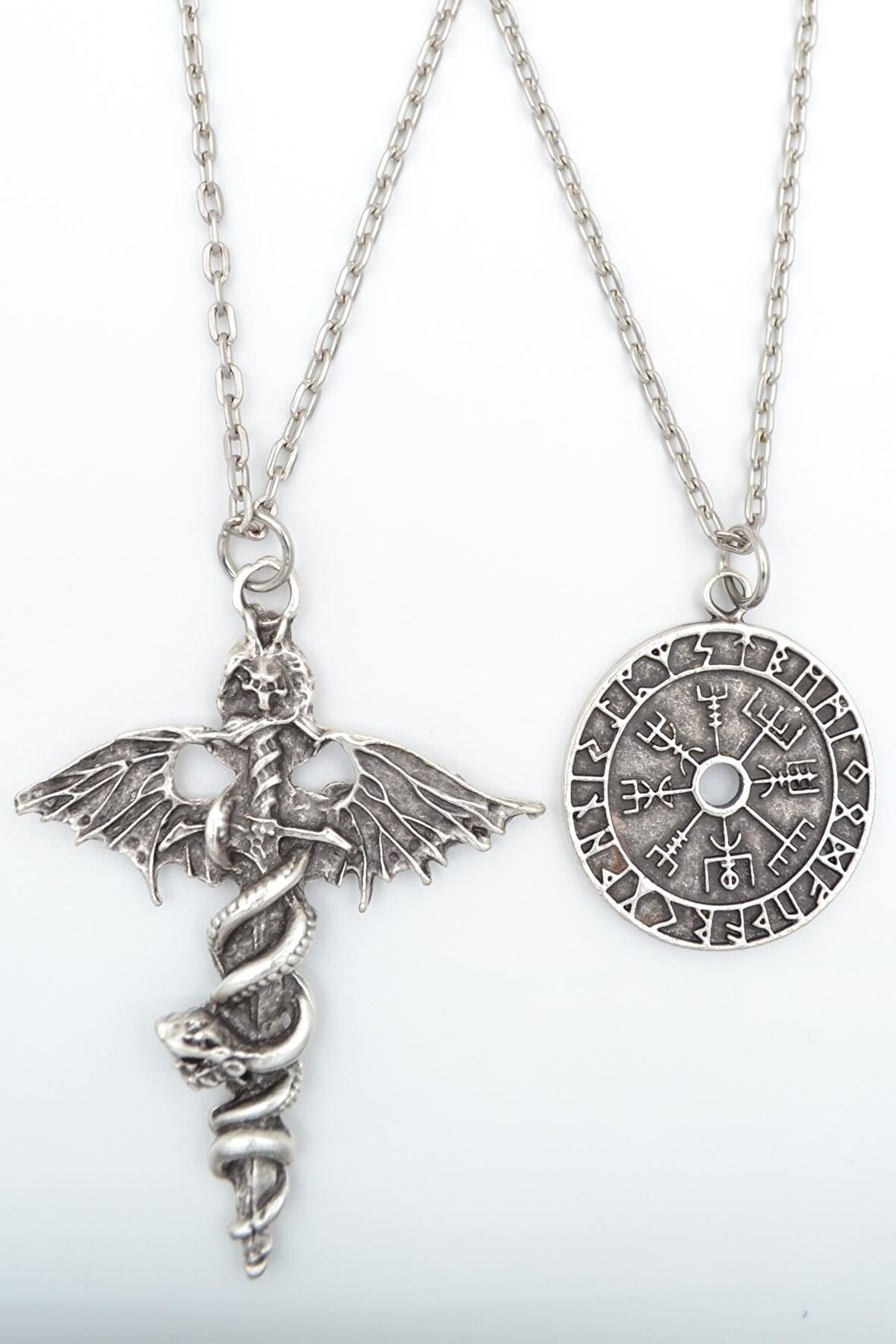 2'li Viking Pusula Sembol - Kılıç Yarasa Yılan Erkek Kadın Kolye Seti 925 Ayar Gümüş Kaplama