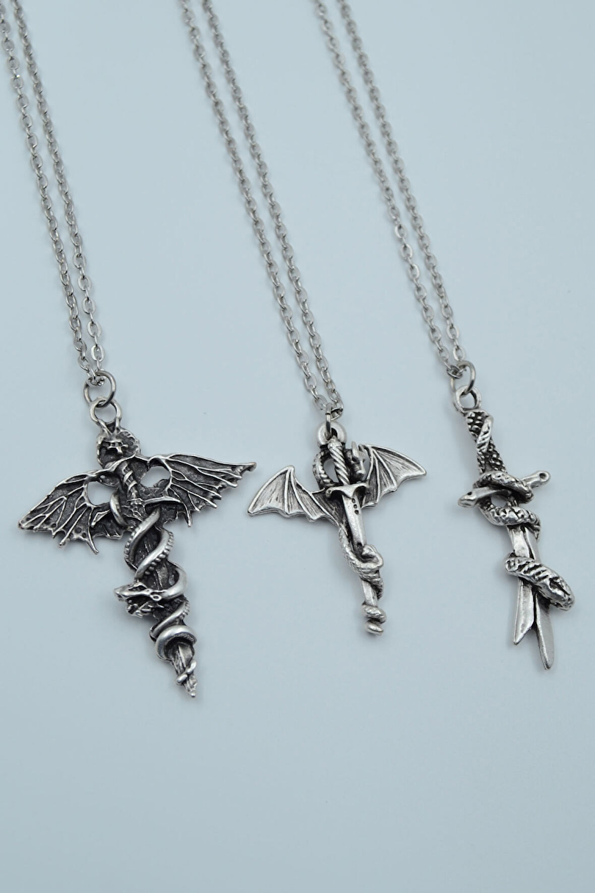 3'lü Yarasa Kılıç Yılan Kılıç Ejderha Kılıç Gümüş Kaplama Kolye Seti