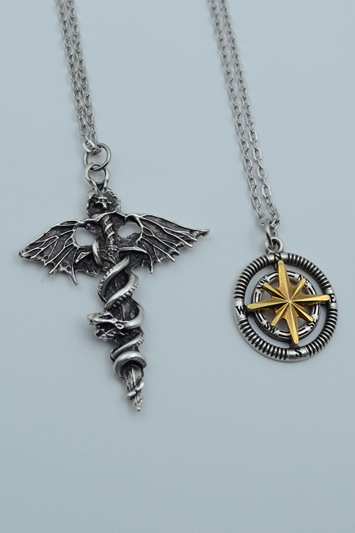 2'li Kılıç Yarasa Yılan Pusula Kutup Yıldızı Gümüş Kaplama Kolye Seti
