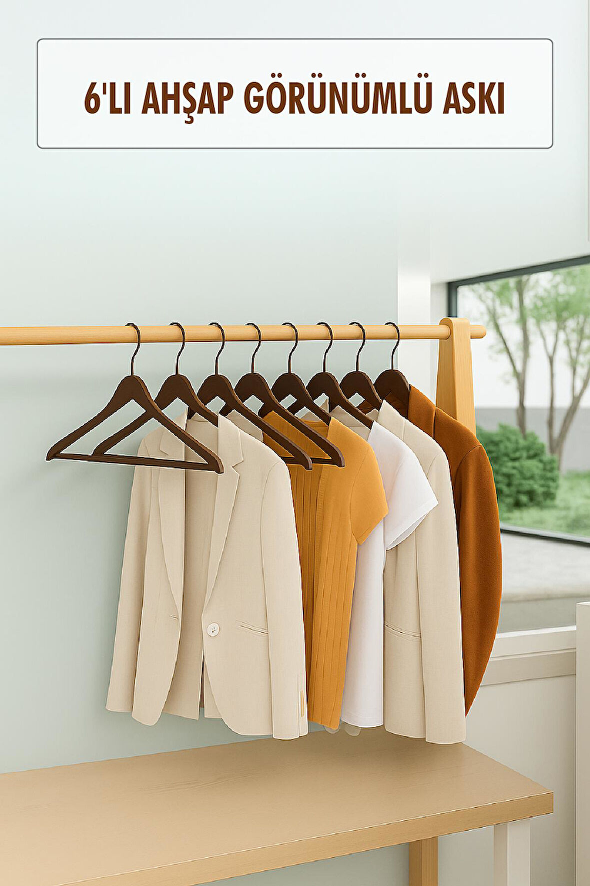 6’lı Ahşap Görünümlü Askı Kahve 44 cm