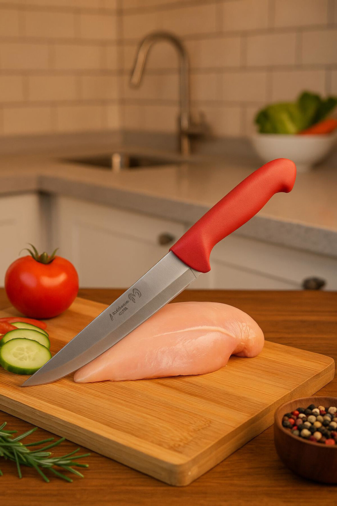 Paslanmaz Çelik Kasap Bıçağı Kırmızı Saplı Et ve Mutfak Bıçağı 27 cm