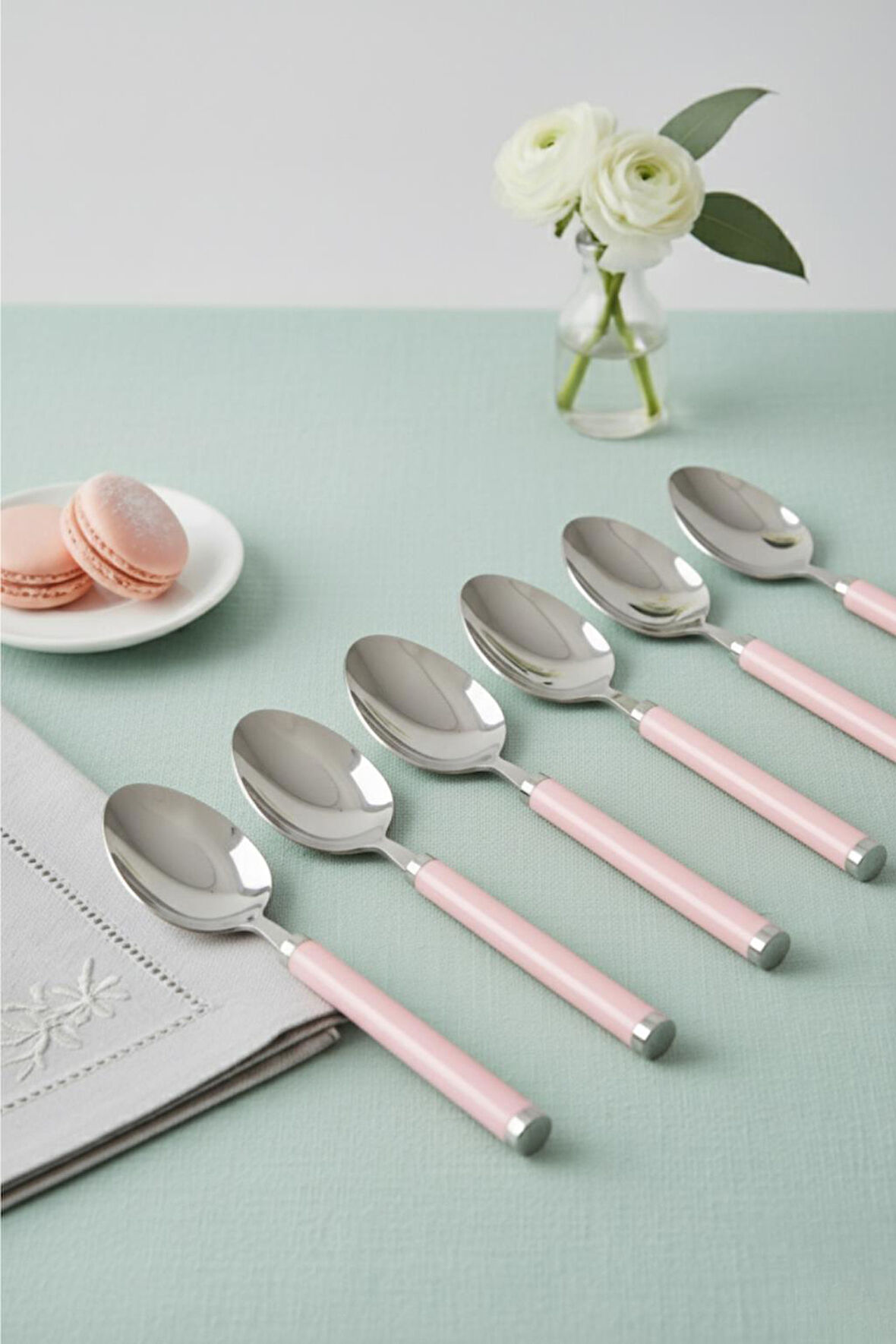 6’lı Paslanmaz Çelik Tatlı Kaşığı Seti Somon Pembe Saplı 15 cm
