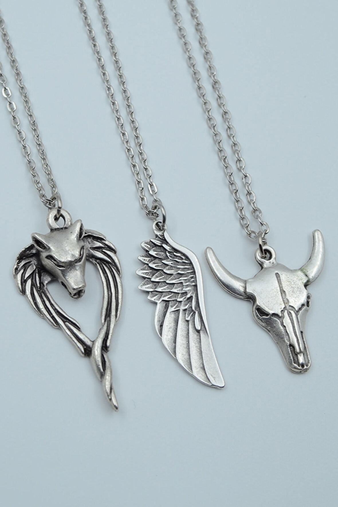 3'lü Anubis Büyük Kanat Buffalo - Boğa Gümüş Kaplama Kolye Seti