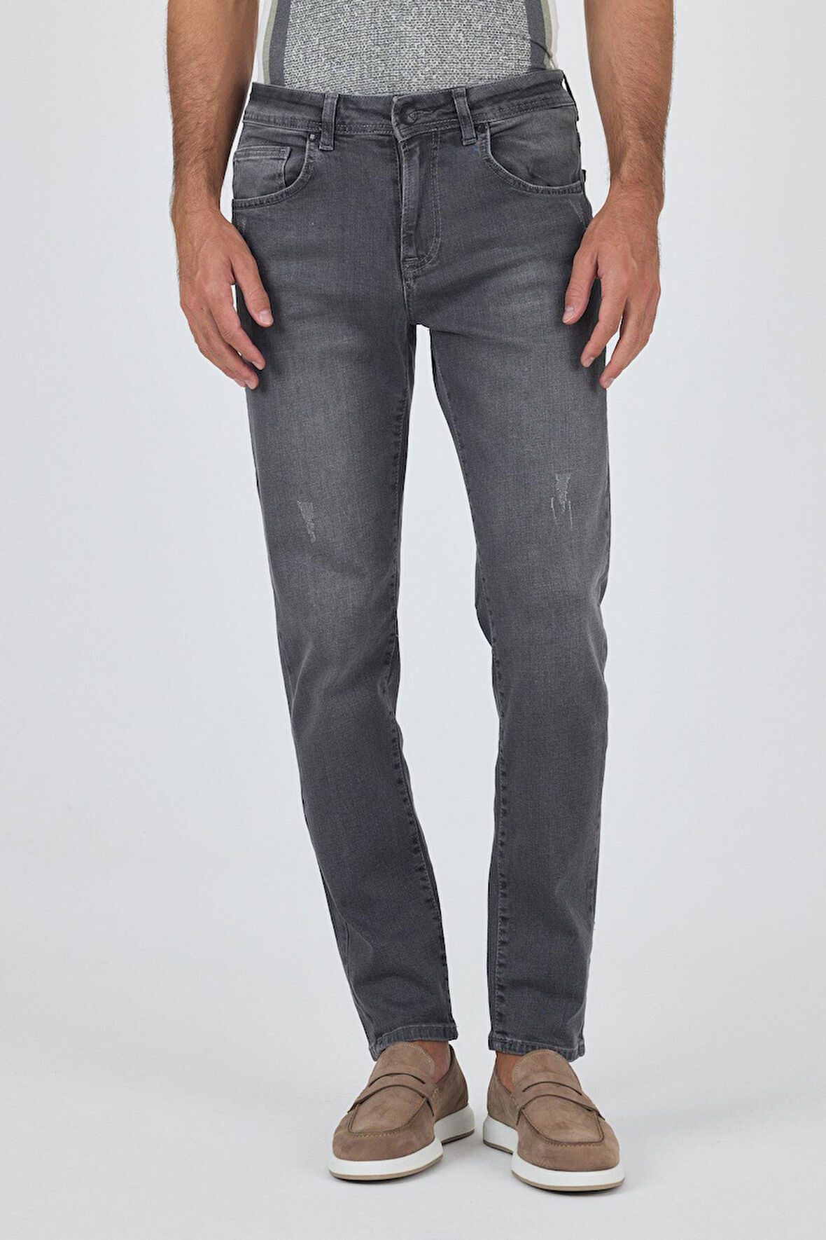 Gri Gabardin 5 Cep Düz Paça Casual Slim Fit Pamuklu Denim Pantolon 1023250150