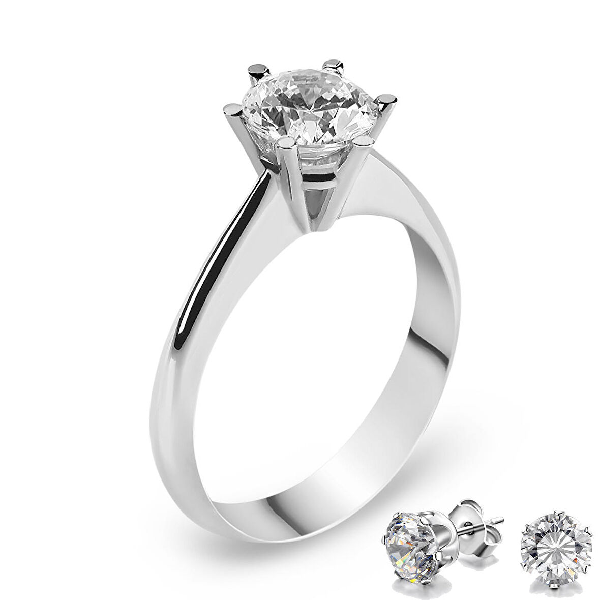 Chavin 1.25 Carat Zirkon Tektaş Gümüş Bayan Yüzük ve Küpe dh11