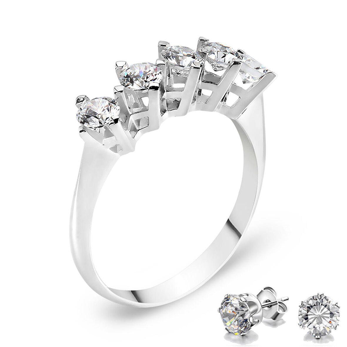 Chavin 1 Carat Beştaş 5 Taş Gümüş Yüzük ve Küpe dh12