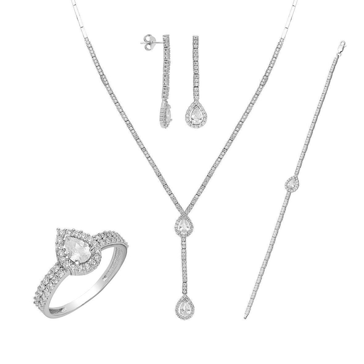 Chavin Su Yolu Gümüş Kolye Küpe Bileklik Yüzük Set dz41