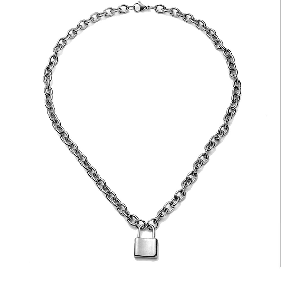 Chavin 50 cm. Aşkın Kilidi Çelik Bayan Zincir Kolye ec81by