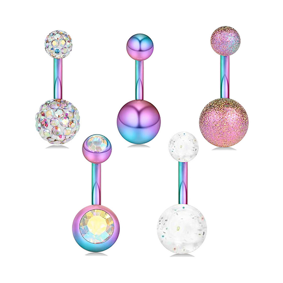 Chavin 5 adet Multicolor Cerrahi Çelik Göbek Piercing en48ml