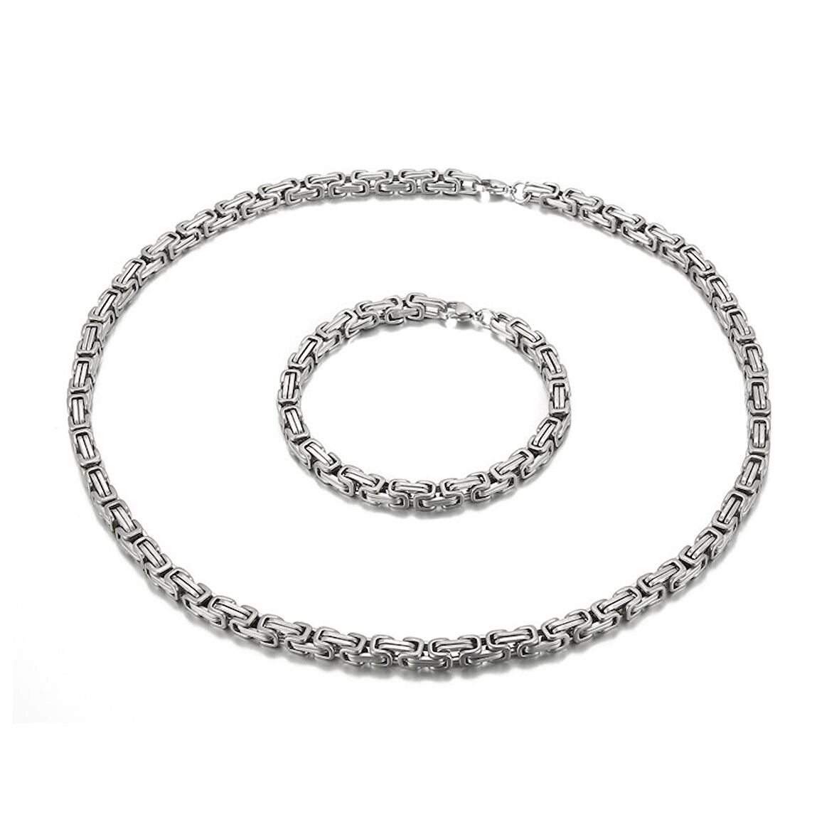 Chavin 4 mm. Kral Gri Çelik Erkek Bileklik Zincir Takım et12