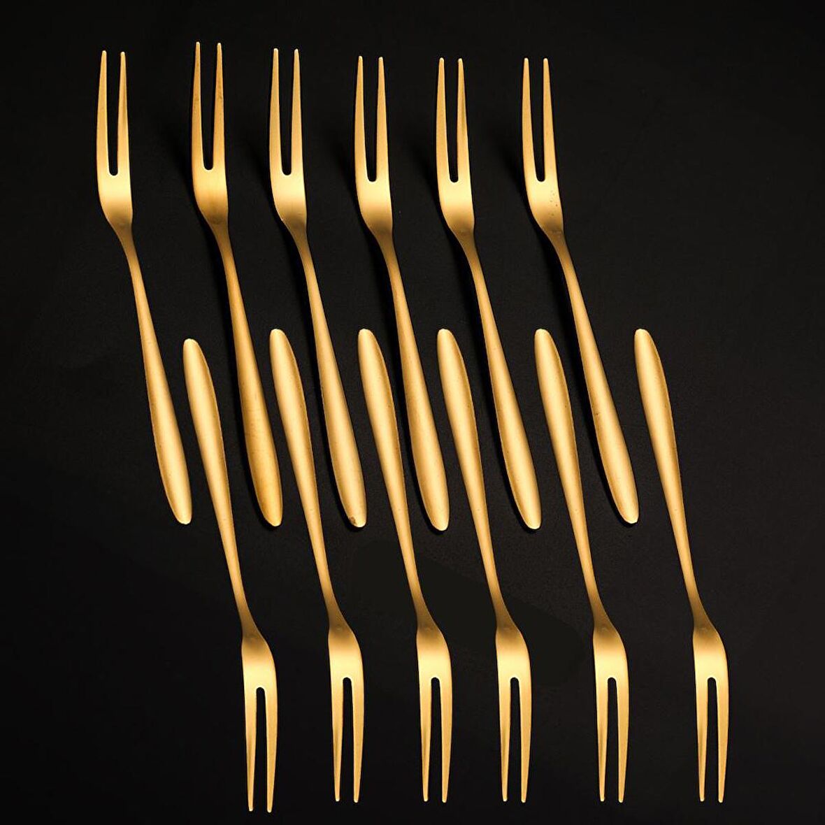 304 Çelik 12 Adet Gold 13 cm İki Dişli  Meyve Tatlı Ve Kek Çatalı cin567sr-12