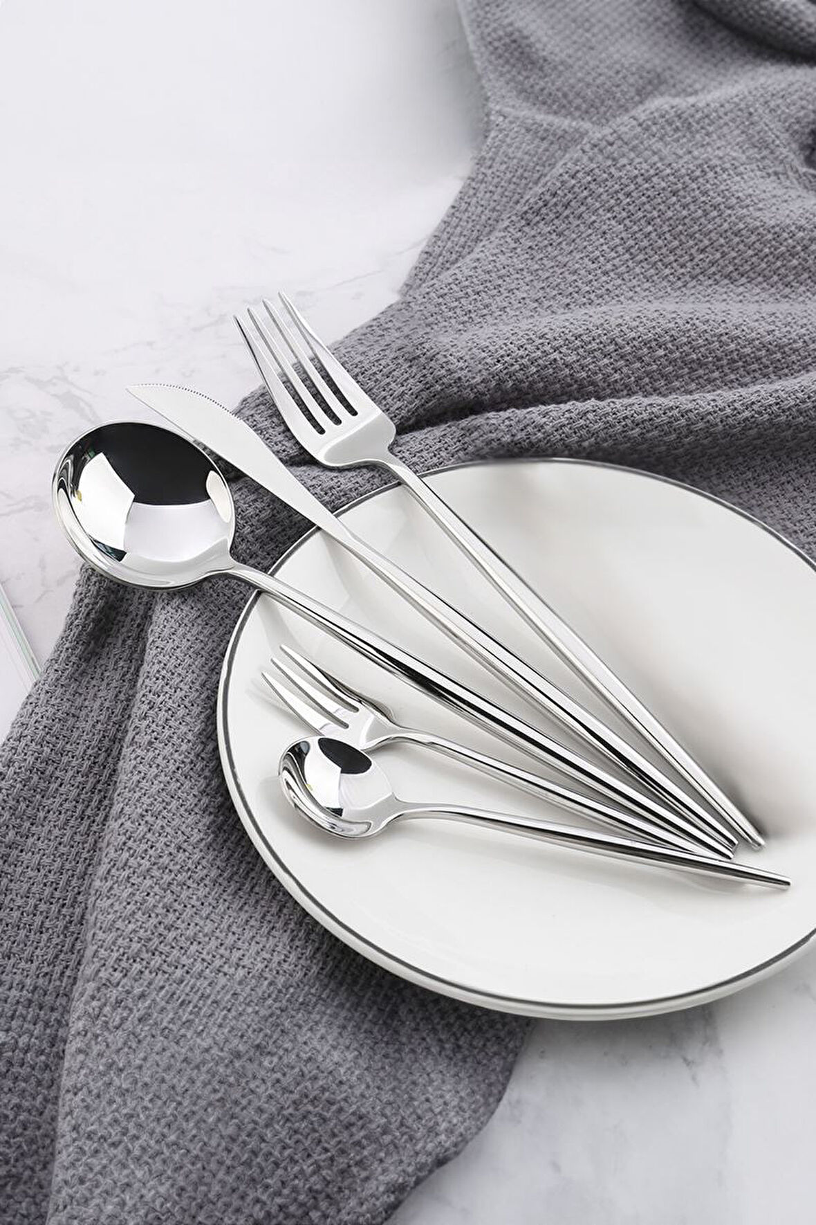 Çelik 30 Parça 6 Kişilik Gri Yemek Kaşık Çatal Bıçak Seti cin735by