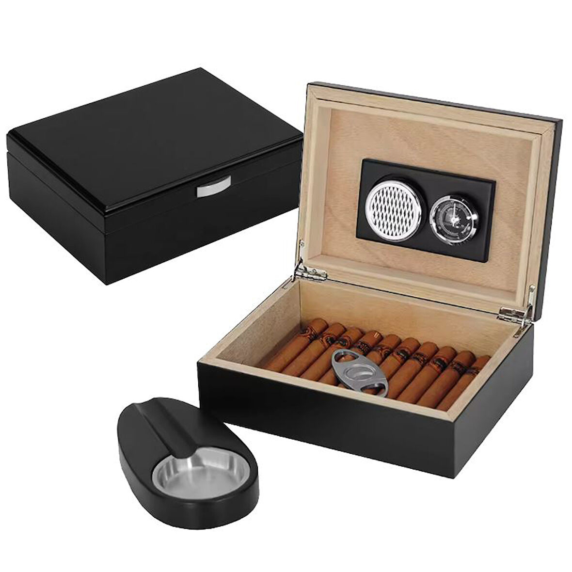 Falconetti Küçük Mat Siyah Humidor Puro Kutusu Küllük Makas Seti rd26