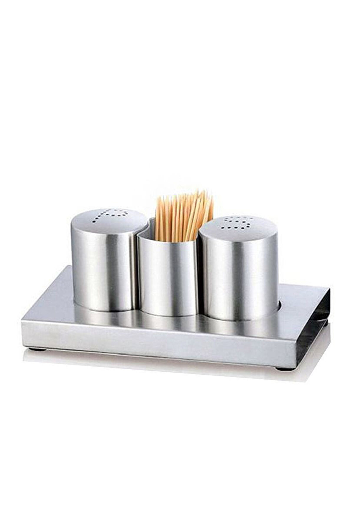 Mat Çelik 4 Parça Tuz Karabiber Kürdanlık Standlı Baharatlık Set cin975