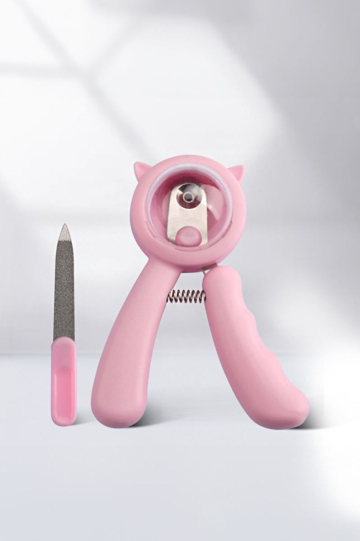 Çelik Pembe Emniyetli Hazneli Kedi Tırnak Makası ve Törpü Set cin823pm