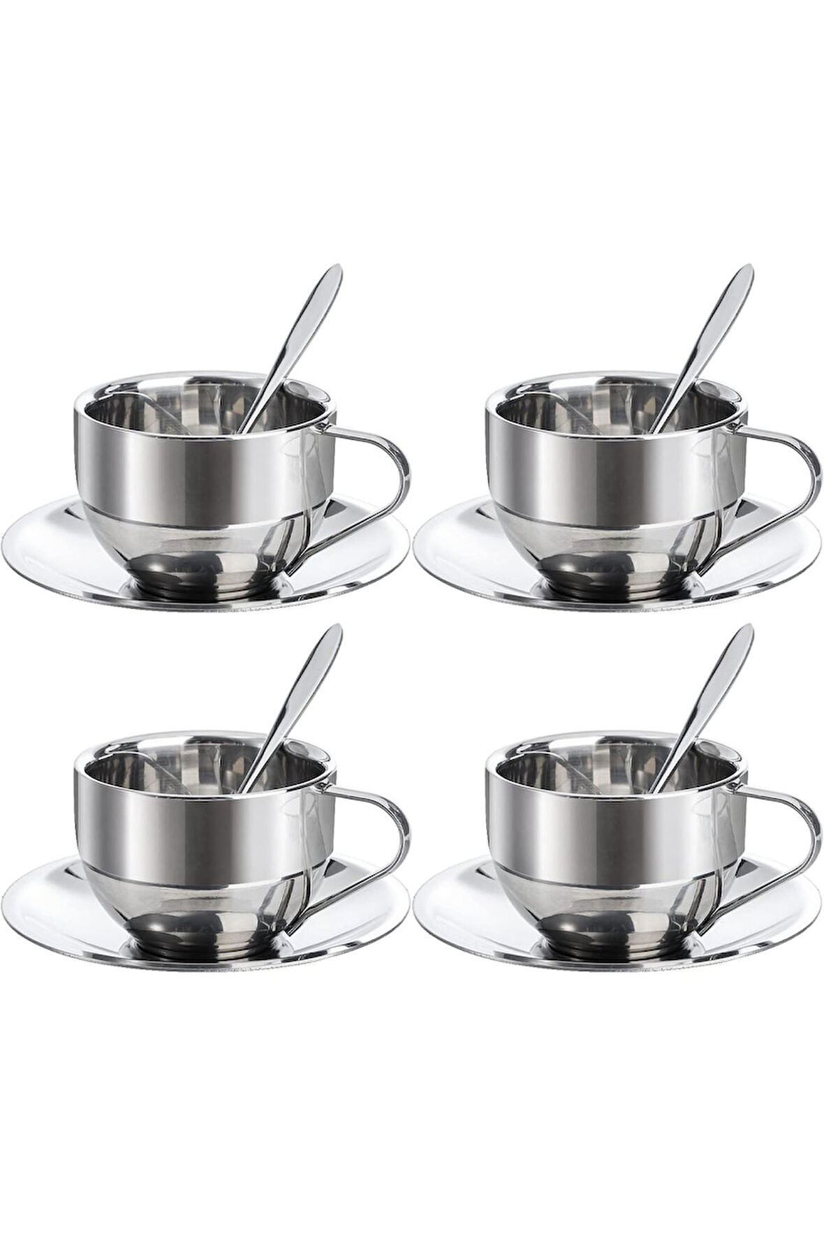 Çelik 4 Adet 3 Parça 180 ml Çift Cidar Espresso Kahve Fincan Set Sunum Bardağı 