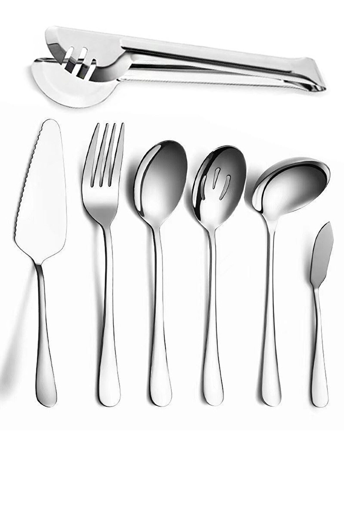7 Parça Çelik Silver Sunum Servis Kaşığı Kaşık Çatal Bıçak Spatula Seti mt154