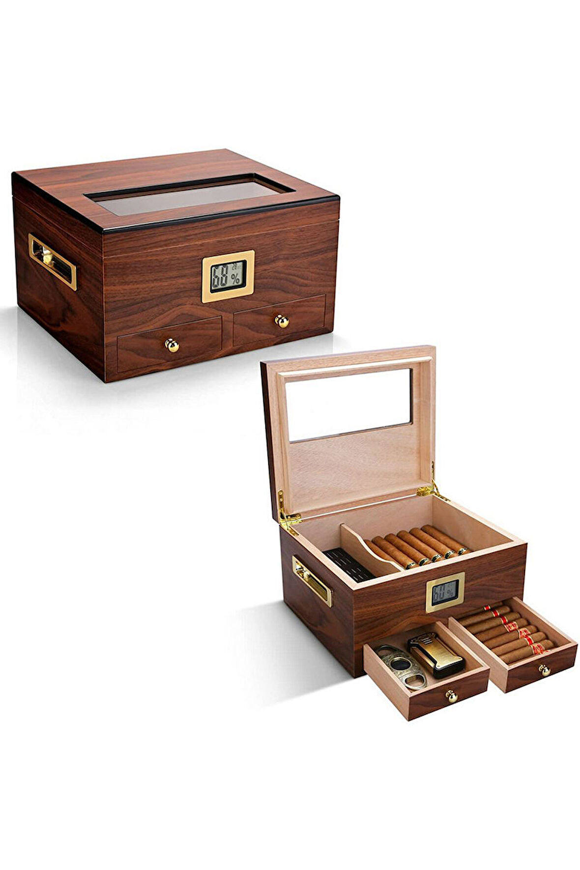Falconetti Def olu Sedir Ağacı Camlı Çekmeceli Humidor Puro Kutusu rc56