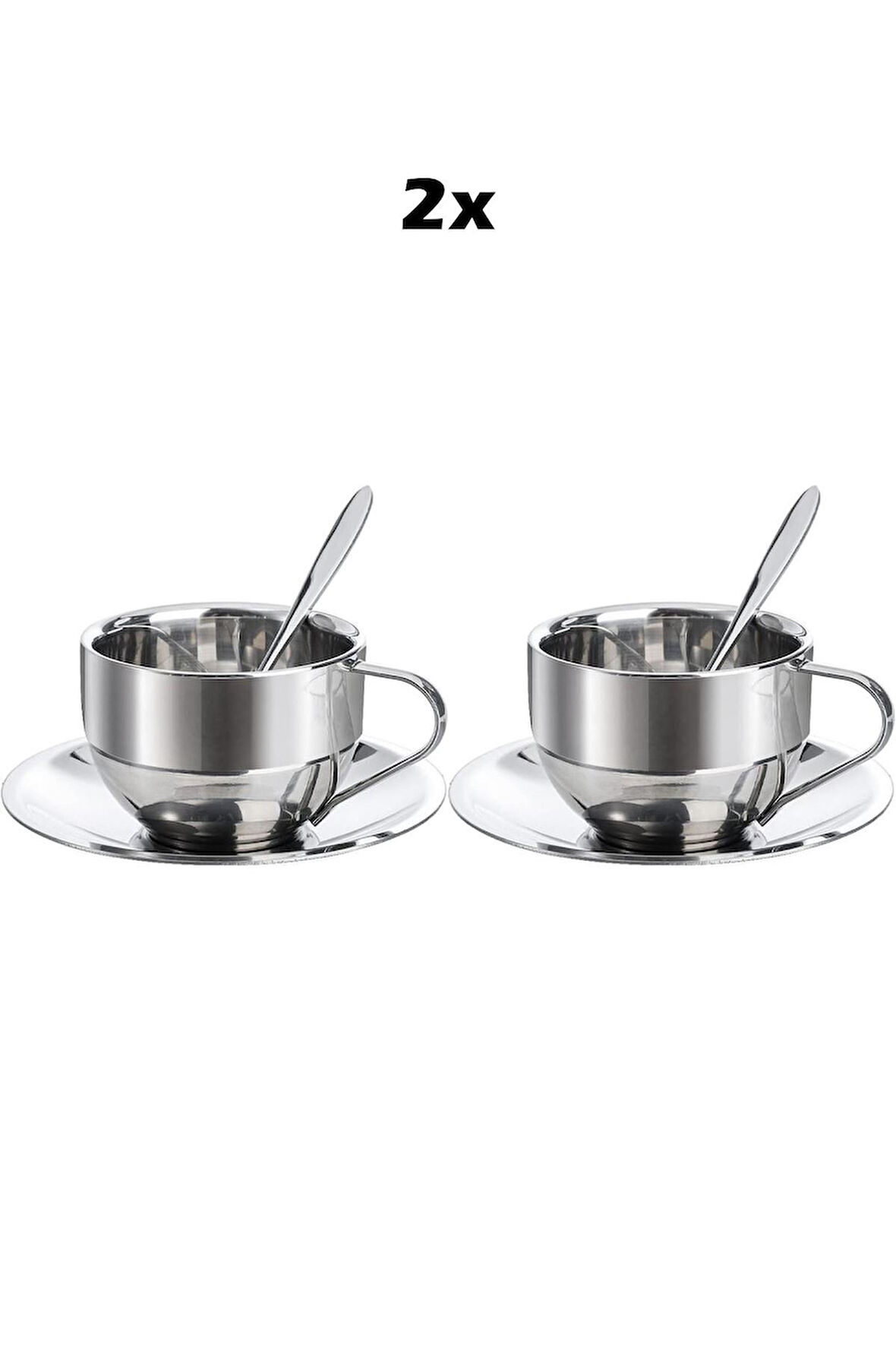 Çelik 2 Adet 3 Parça 180 ml Çift Cidar Espresso Kahve Fincan Set Sunum Bardağı 
