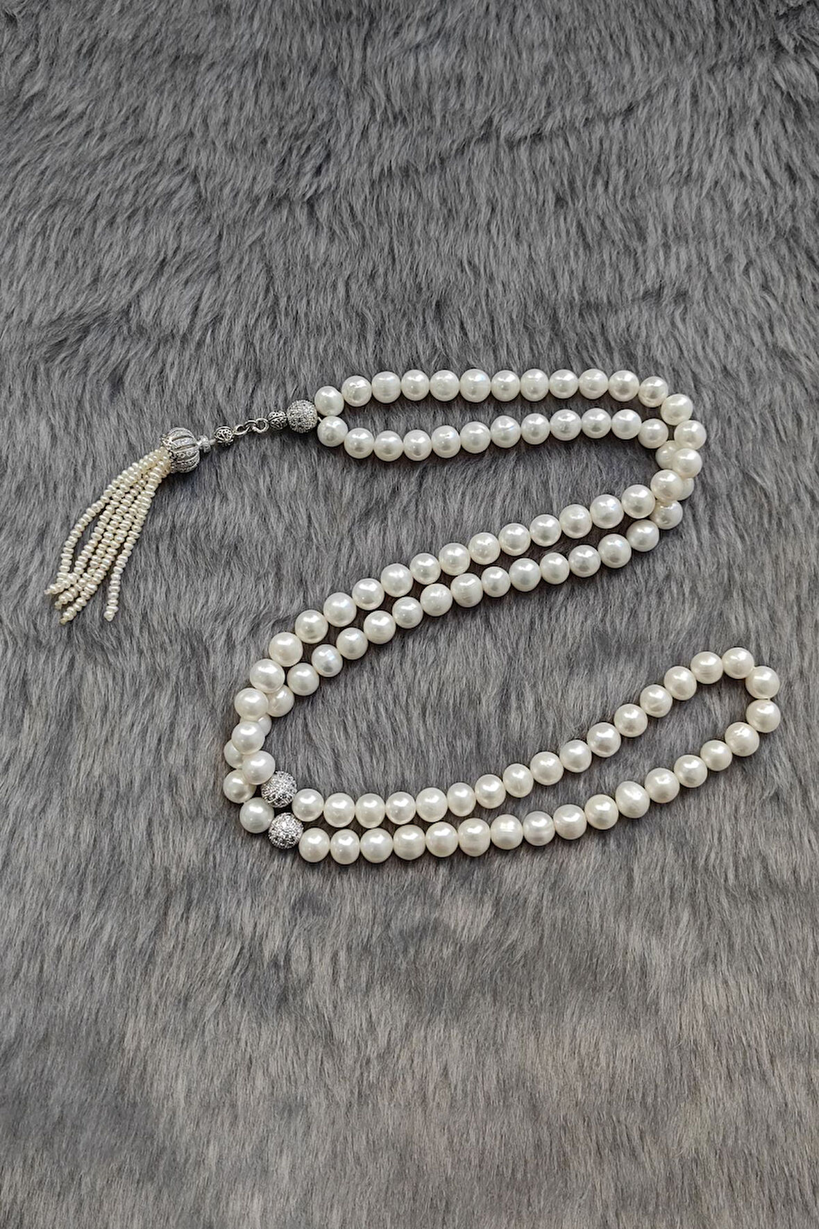 Chavin 8 mm. Püsküllü 99 luk Kadın Uzun Doğal inci Tespih ve Kolye ey04