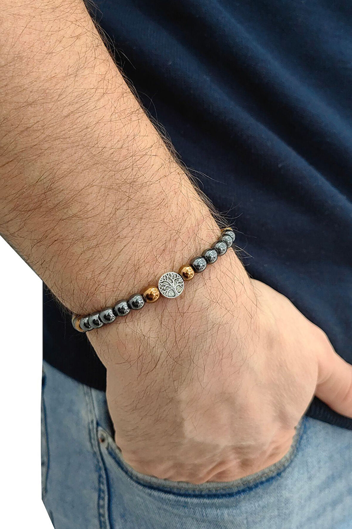 Lastikli Doğal Hematit Taşlı Erkek Bileklik ey46