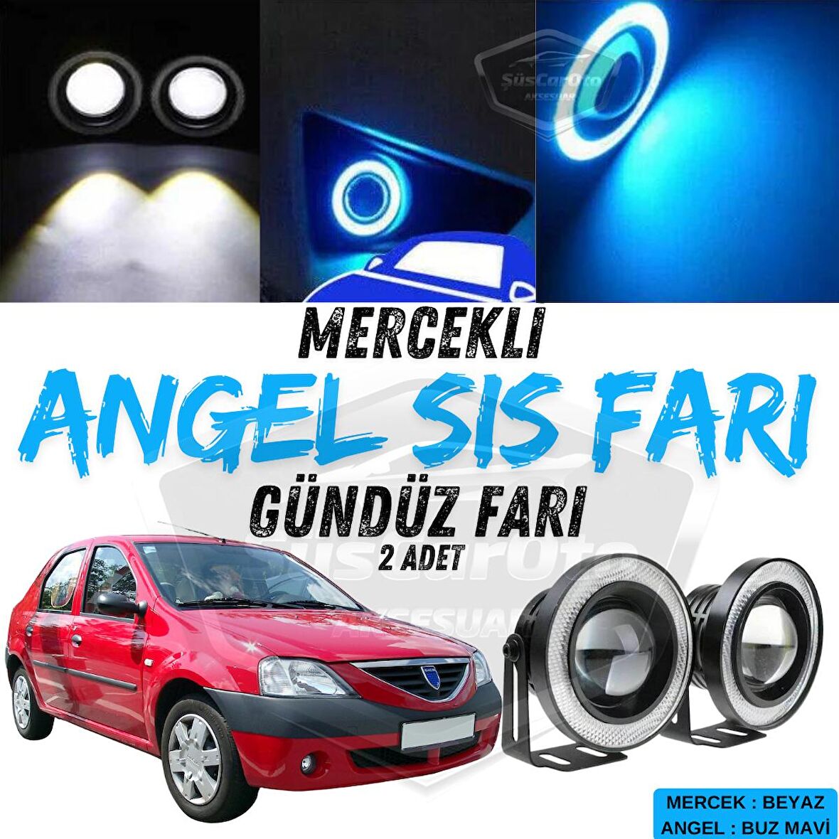 Dacia Logan Uyumlu Üniversal Mercekli Angel Sis Farı Metal Su Geçirmez 76 mm Buz Mavi Halkalı Gündüz Farı Angel Eyes 2 Adet