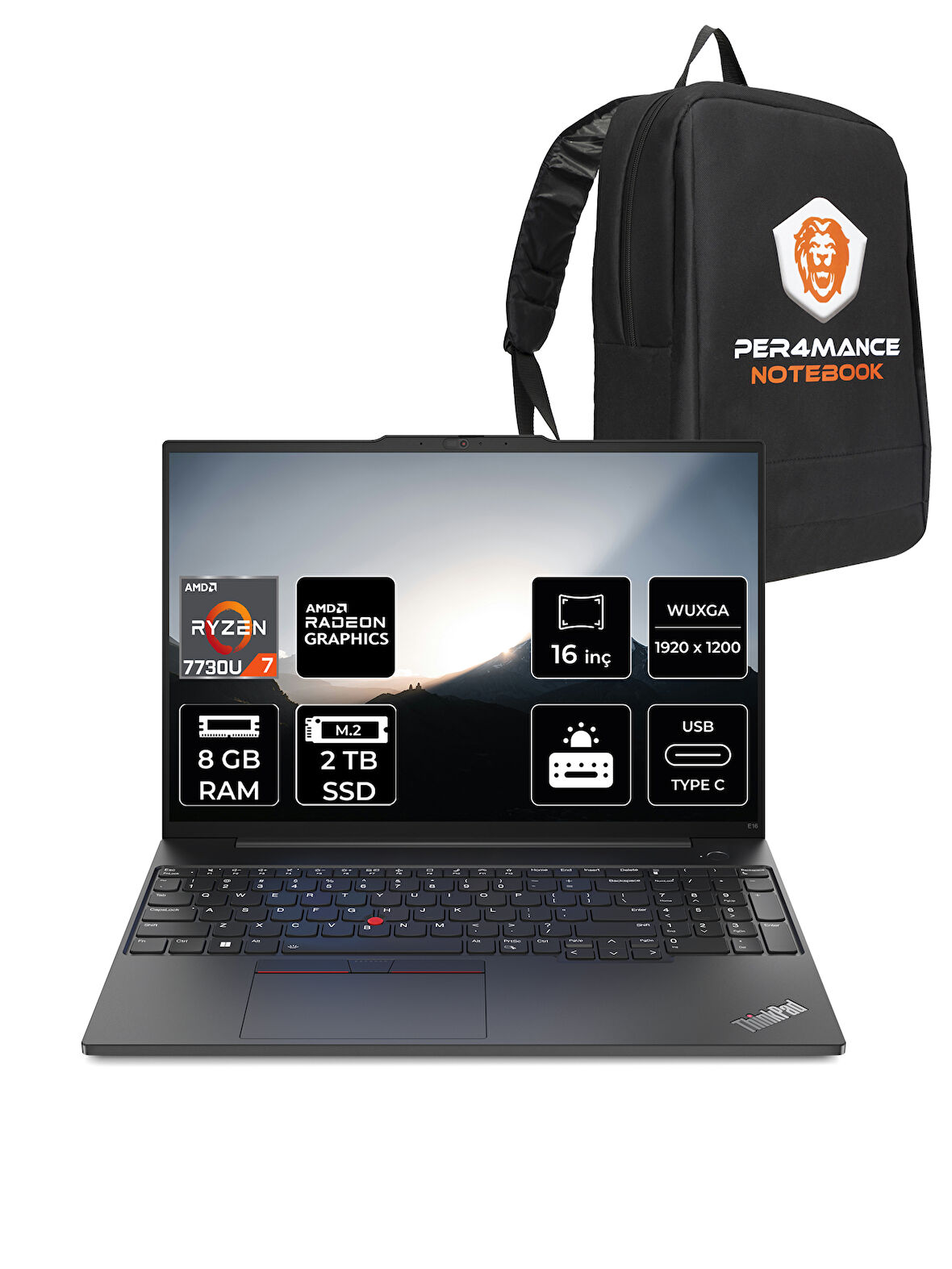 Lenovo ThinkPad E16 AMD Ryzen 7 7730U 8GB 2TB SSD 16" FHD FDOS Taşınabilir Bilgisayar & PER4 Çanta