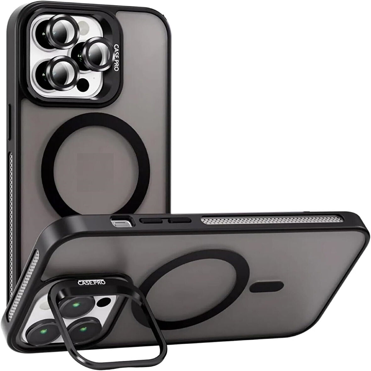 İPHONE 12 PRO MAX UYUMLU MAT LENSLİ STANDLI MAGSAFE KILIF SİYAH