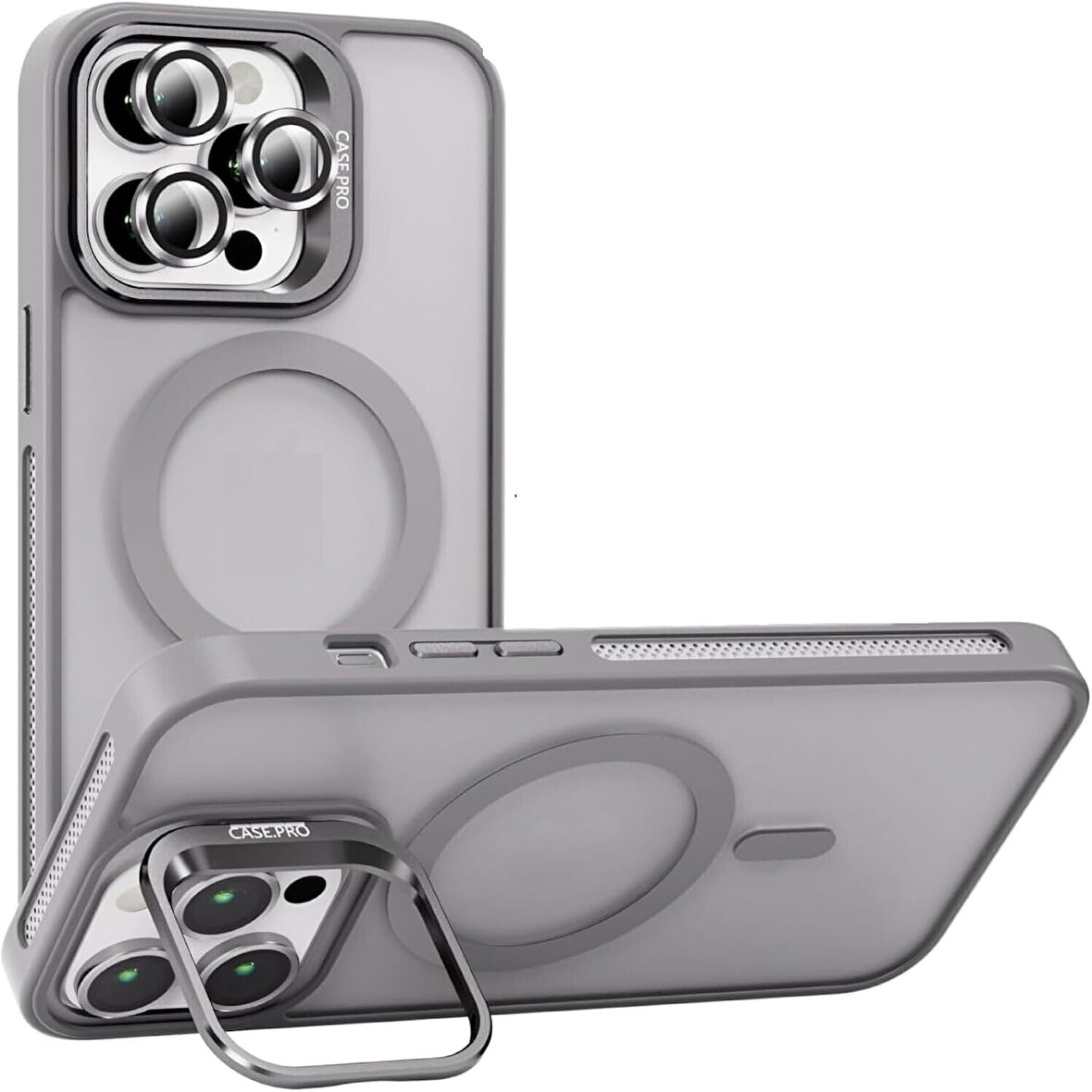 İPHONE 12 UYUMLU MAT LENSLİ STANDLI MAGSAFE KILIF GRİ