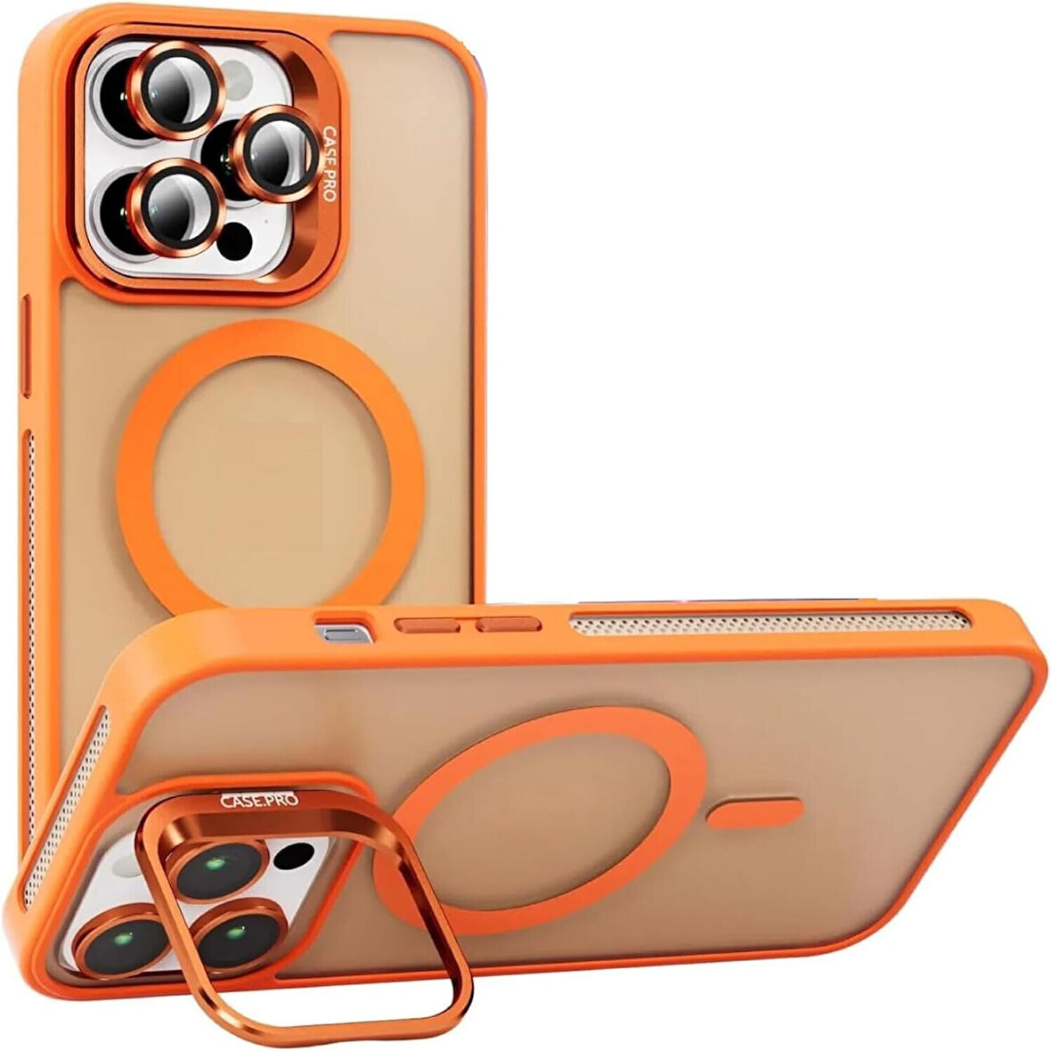 İPHONE 12 UYUMLU MAT LENSLİ STANDLI MAGSAFE KILIF TURUNCU