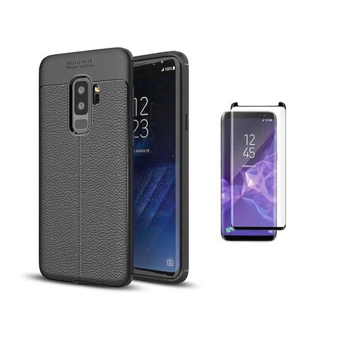 Smcase Samsung Galaxy S9 Plus Kılıf Deri Dokulu Silikon  Kenarı Kısa Cam Ekran Koruyucu