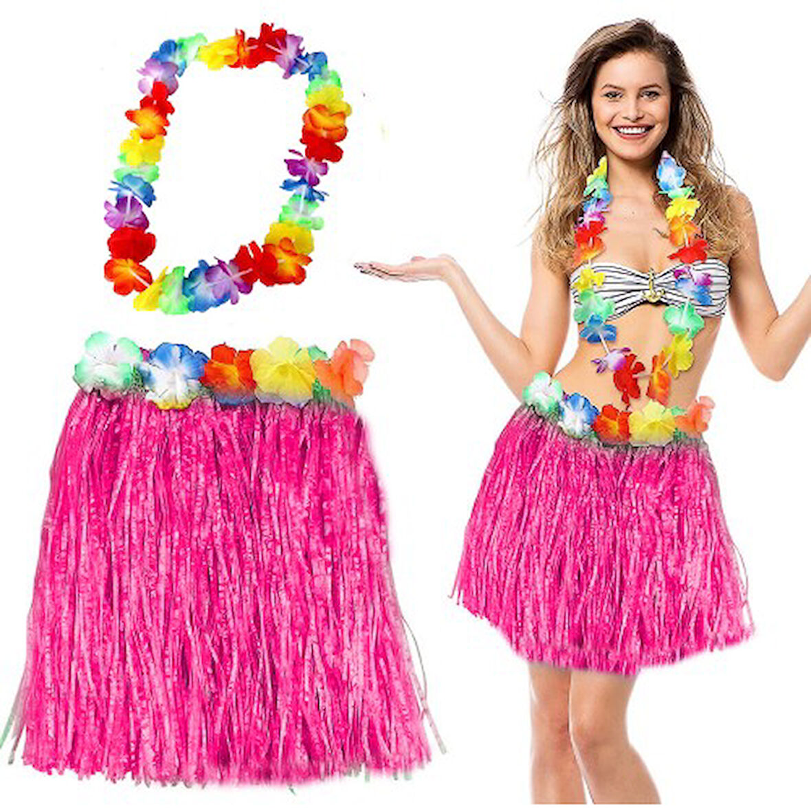 Kapamarka Hawaii Luau Aloha Pembe Püsküllü 40 cm Etek ve Hawaii Kolye Seti