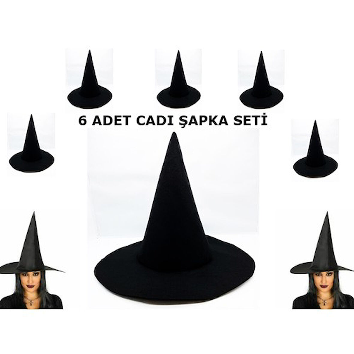 Kapamarka Siyah Cadı Şapkası Keçe Yetişkin Boy 6 Adet