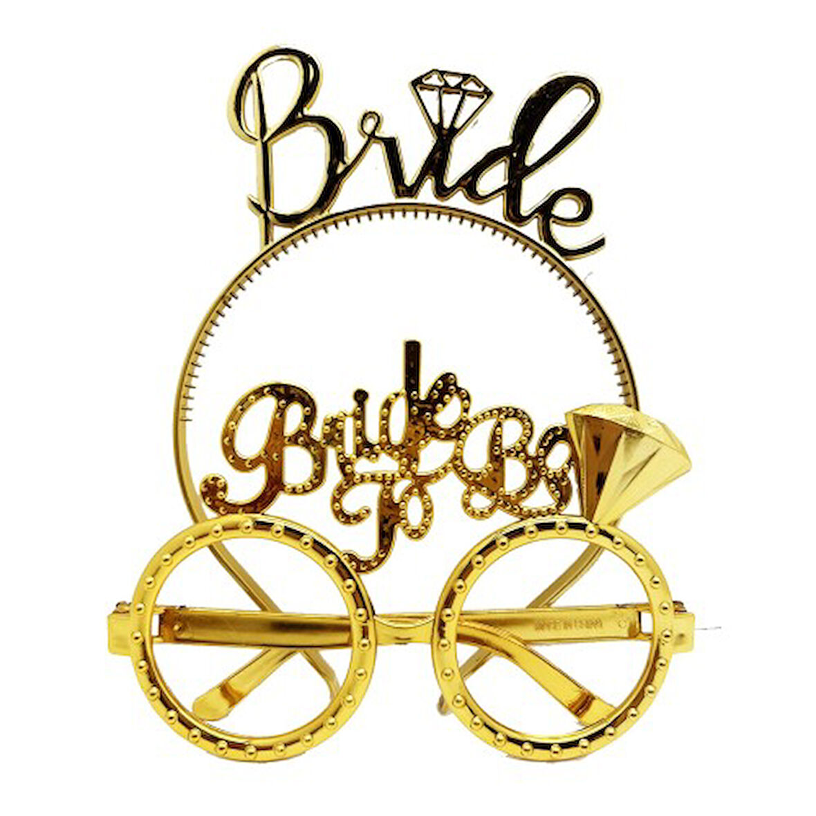 Kapamarka Bride Yazılı Taç ve Bride To Be Yazılı Gözlük Seti Altın Renk