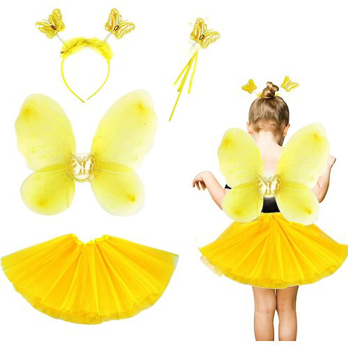 Kapamarka Sarı Kelebek Kostümü Çocuk 4 Parça Set
