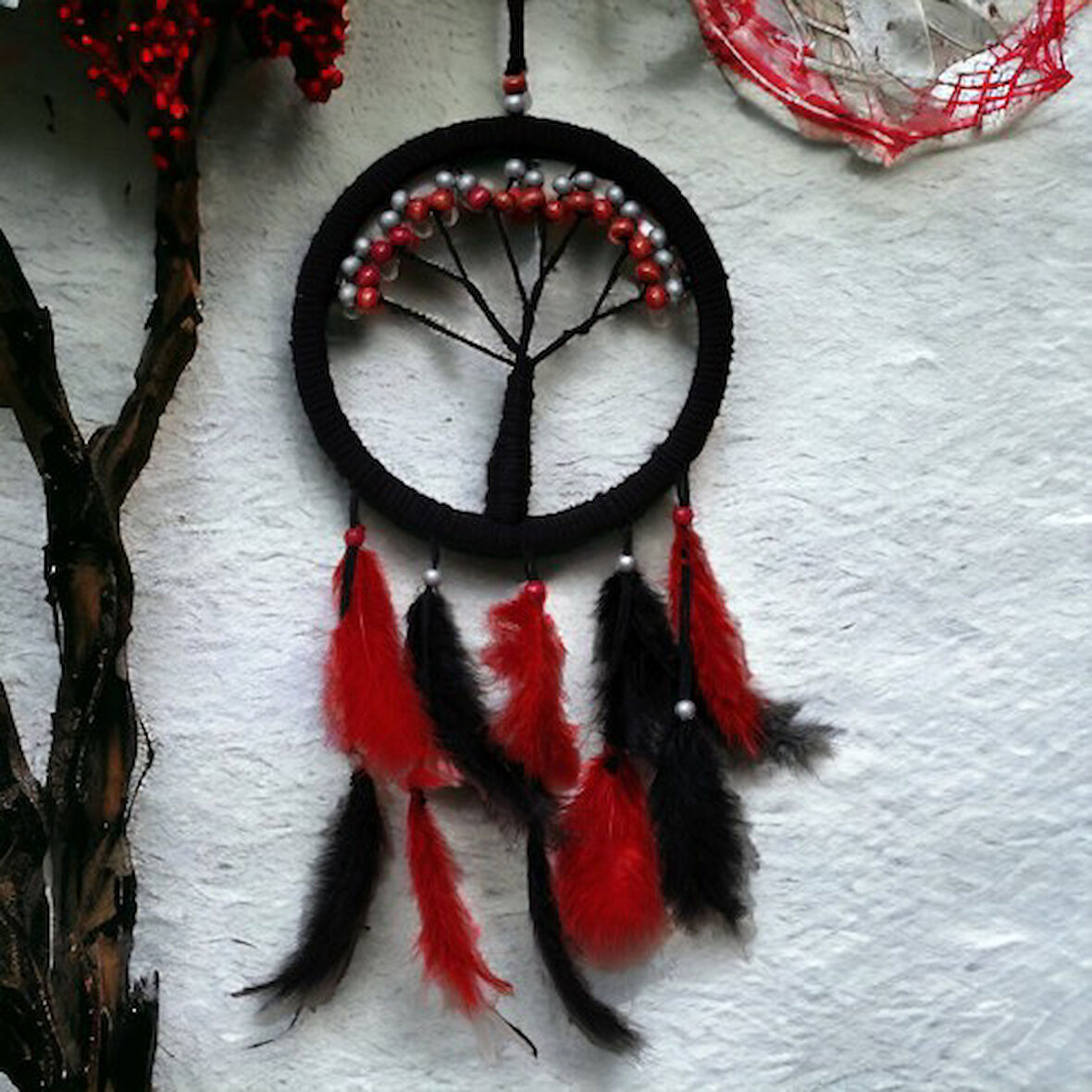 Kapamarka Siyah Kırmızı Hayat Ağacı Dream Catcher