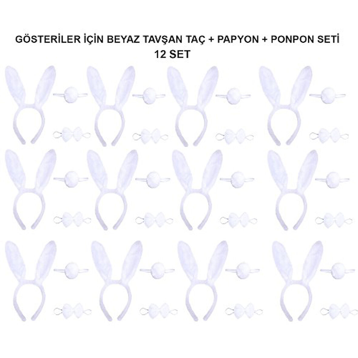 Beyaz Tavşan Kostüm Seti – Taç, Papyon, Kuyruk (12’li Paket)