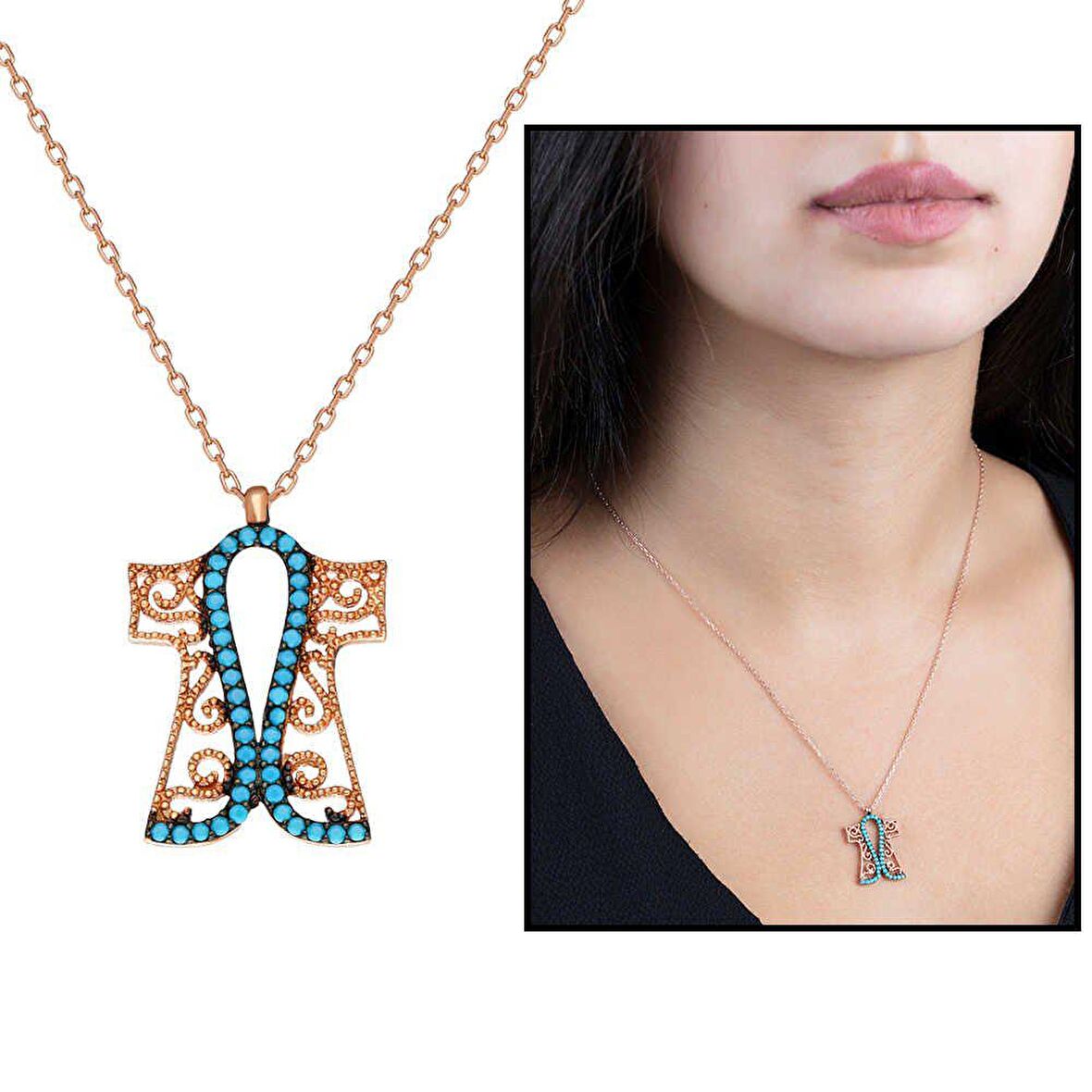 Turkuaz Taşlı Gold Renk Kaftan Tasarım 925 Ayar Gümüş Kadın Kolye