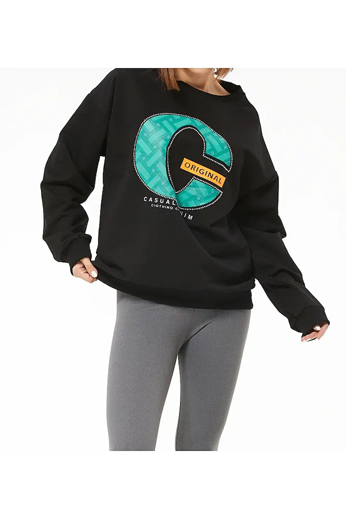 Kadın Sıfır Yaka Baskılı Oversize Sweatshirt