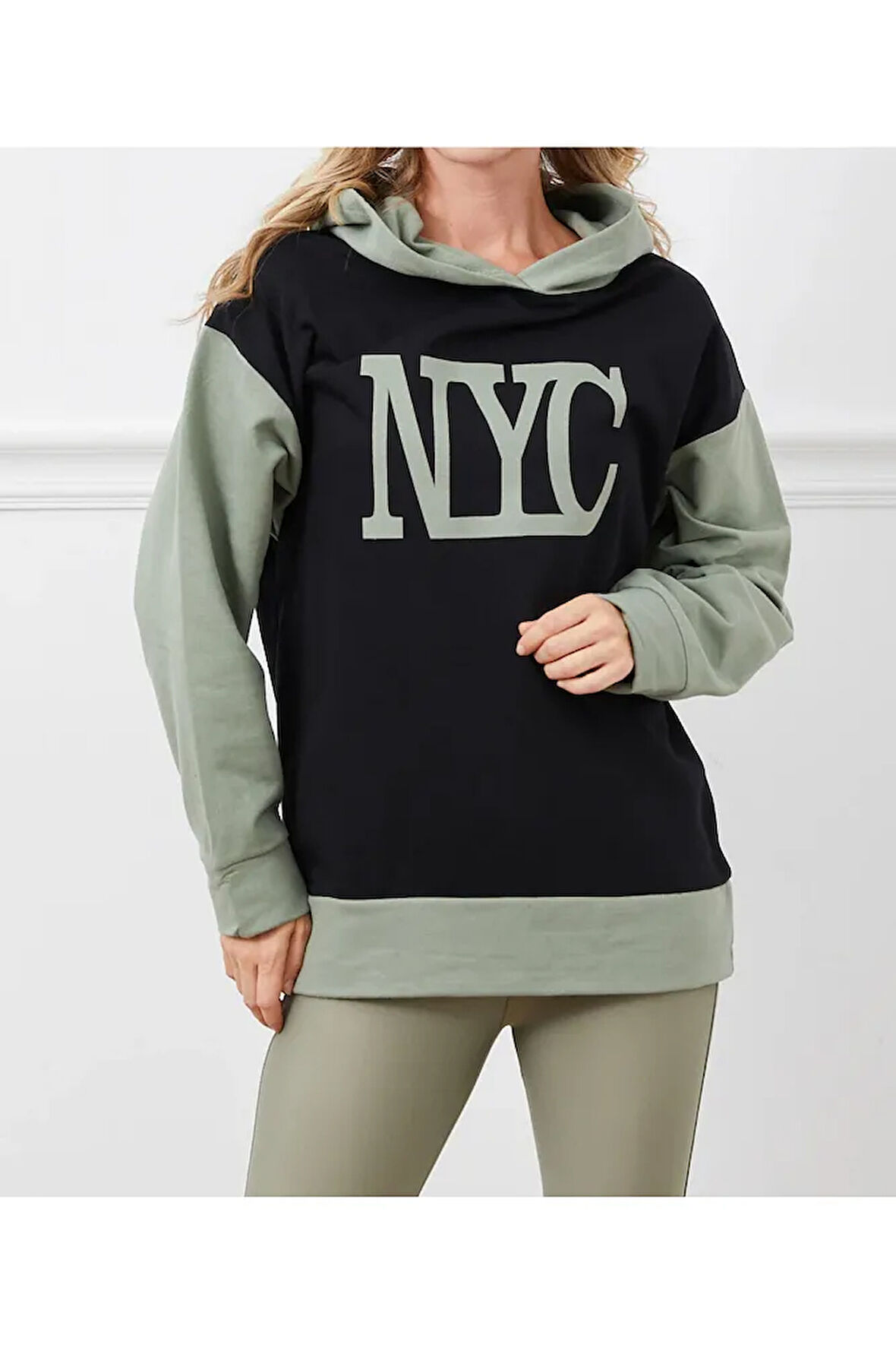 Kadın Baskılı Kapüşonlu Nyc Baskılı Oversize Üç İplik Sweat