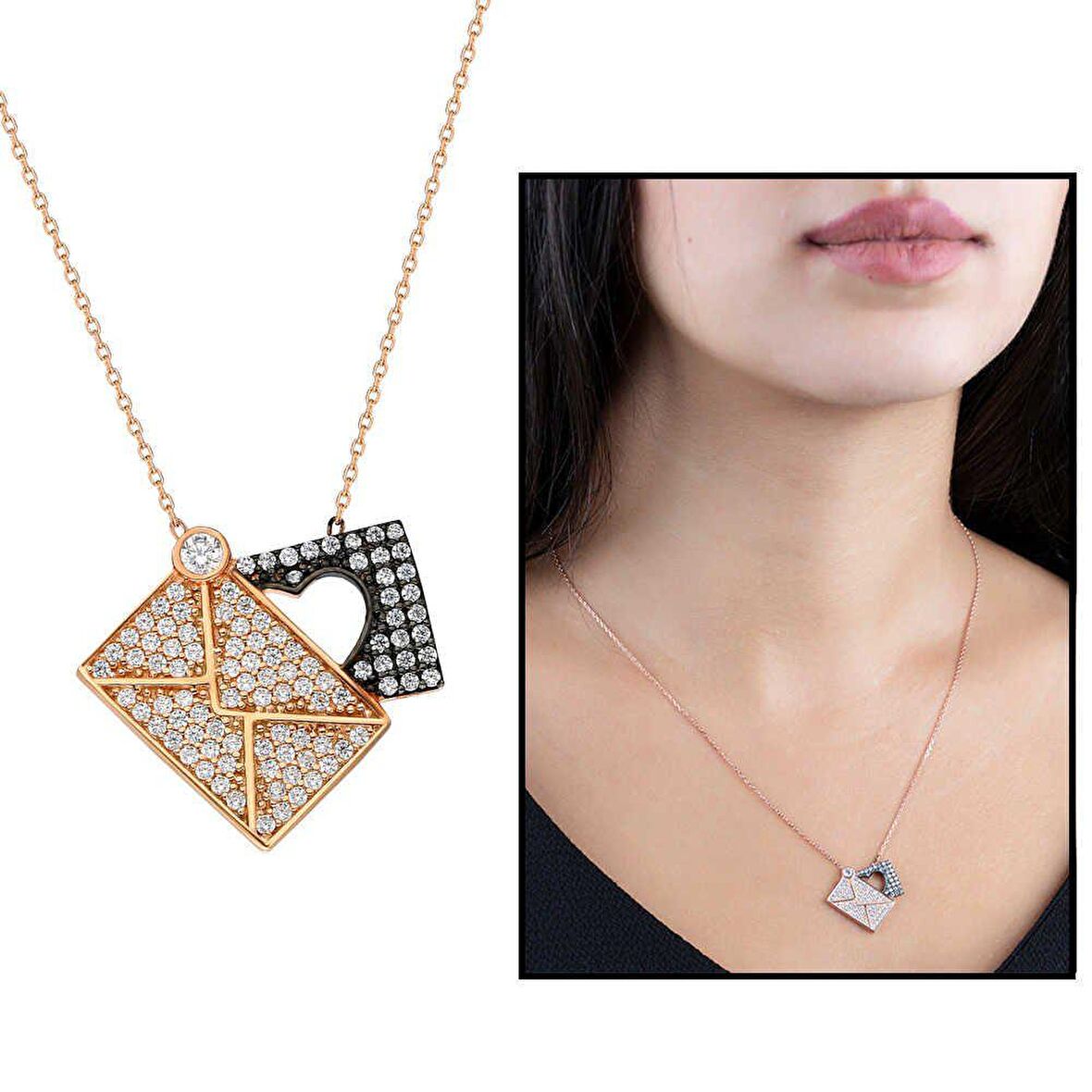 Beyaz Zirkon Taşlı Aşk Mektubu Tasarım 925 Ayar Gümüş Kadın Kolye